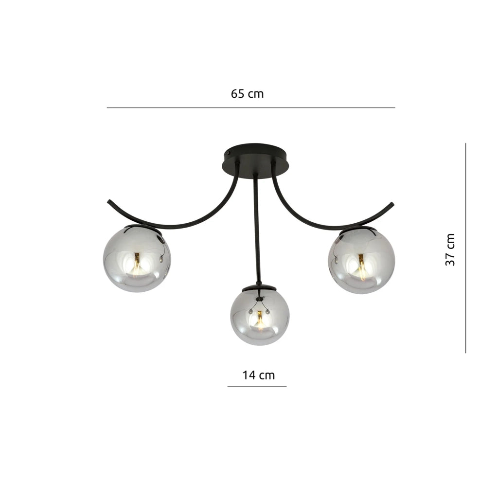 Plafoniera Moderna 3 Luci Coeo In Acciaio Nero E Diffusori In Vetro Fumè