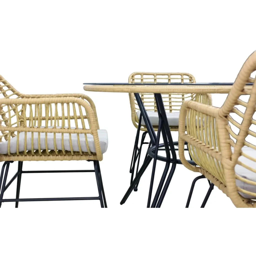 Salotto da giardino VALORIA 4 posti – Tavolo e 4 sedie in rattan marrone con cuscini grigi