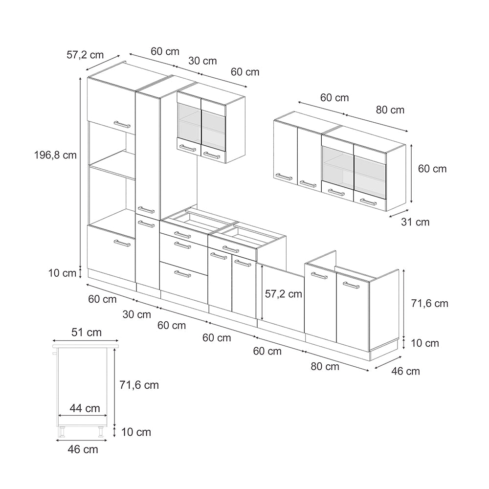 Vicco Cucina componibile Nero lucido/bianco 350 cm con armadio alto, PL Rovere