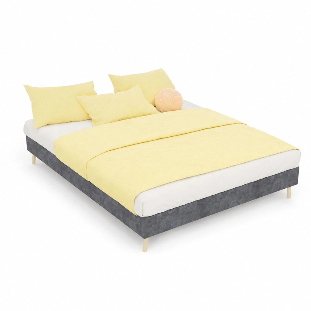 Letto matrimoniale 140x200 cm in tessuto grigio con testiera geometrica e rete a doghe
