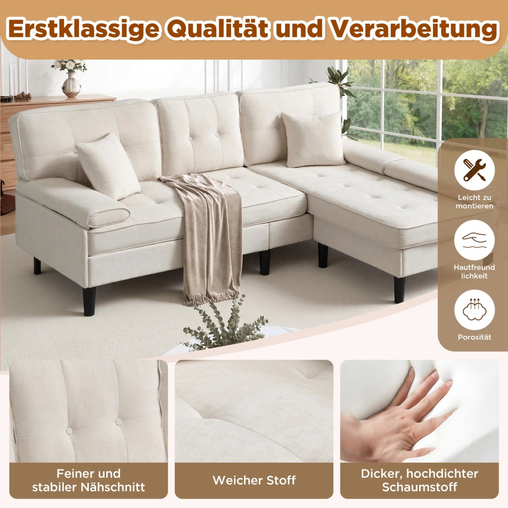 Divano angolare modulare in ciniglia con chaise longue, pouf mobile e cuscini, per piccoli appartamenti, beige chiaro