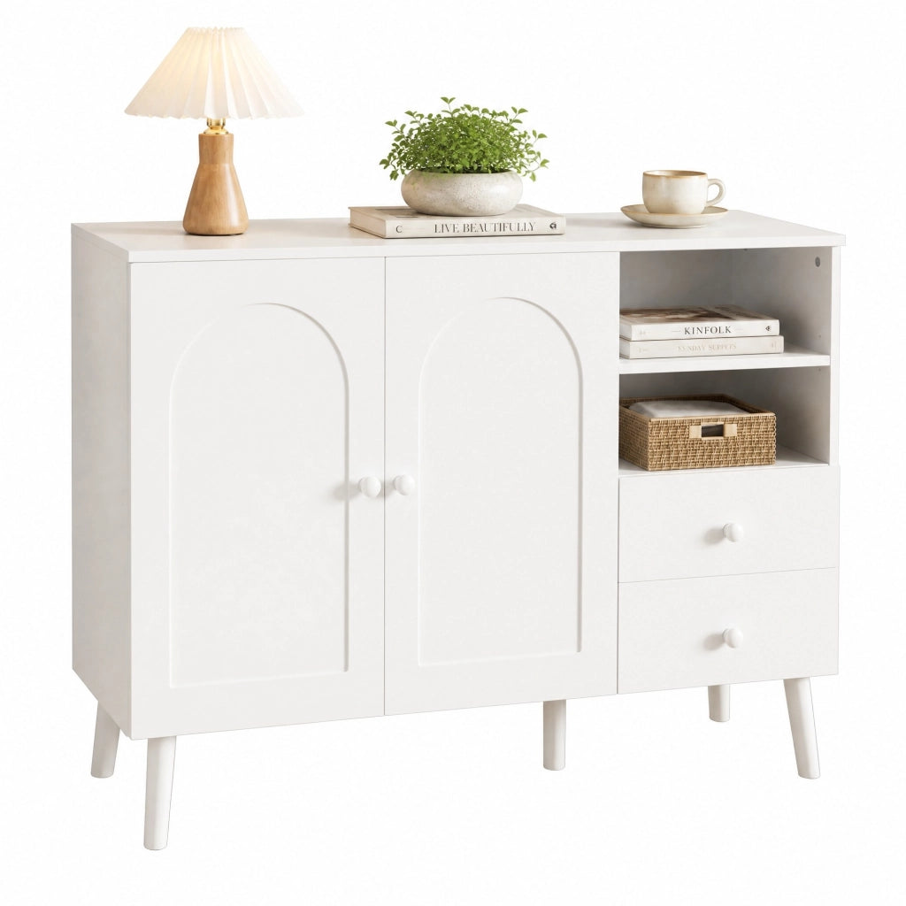 Credenza sideboard bianca con ante curve, 2 cassetti, vani a giorno e gambe in legno
