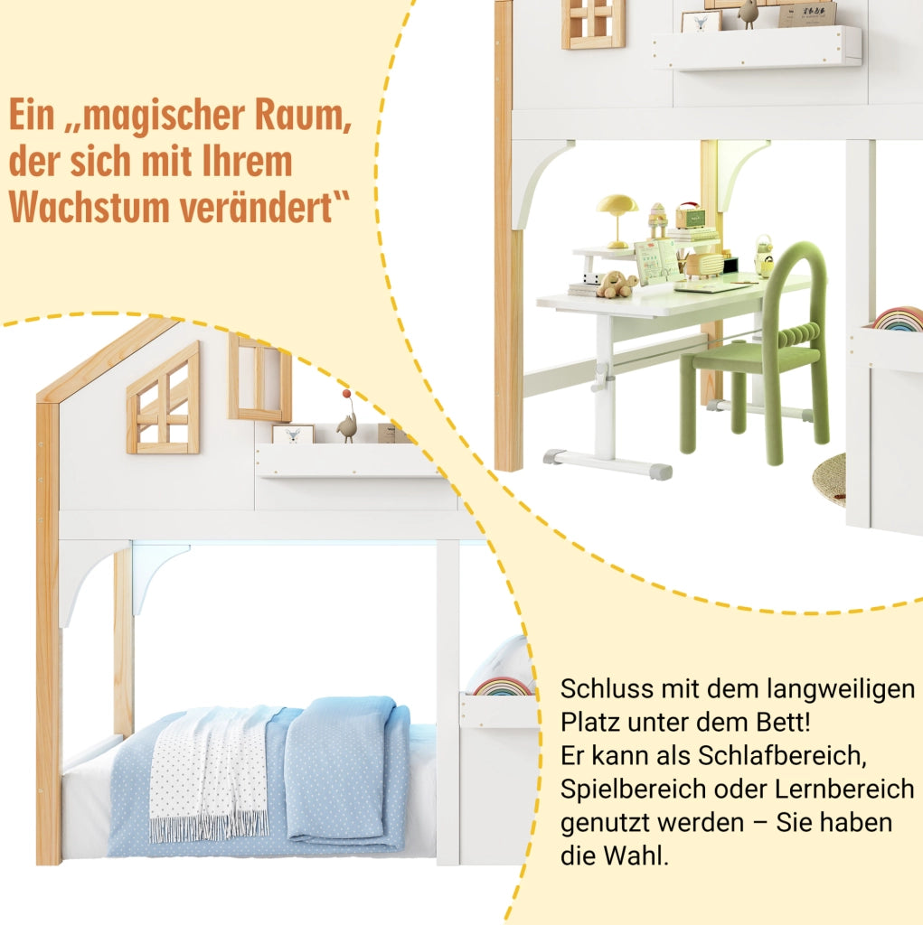 Letto a castello per bambini 90x200 cm con scala contenitore e LED