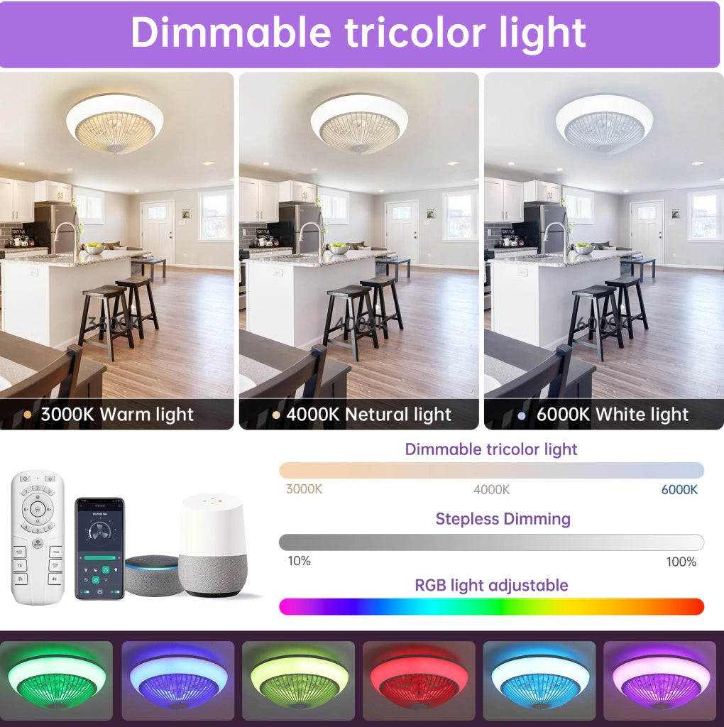 Ventilatore da soffitto 38 cm con luce LED RGB dimmerabile e telecomando, pale trasparenti ABS, silenzioso, timer integrato