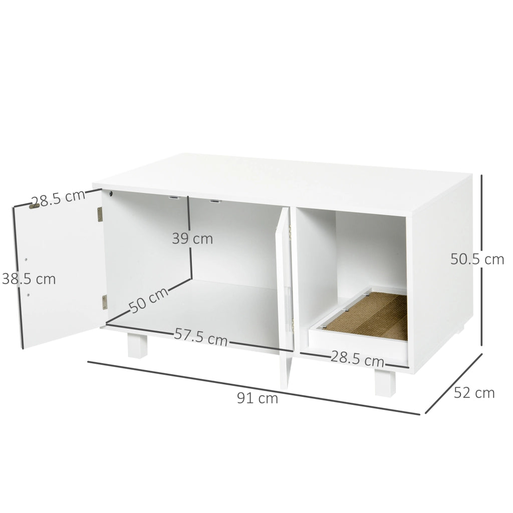 EasyComfort Mobile per Lettiera Gatti in Legno con 2 Ante e Apertura Laterale con Tiragraffi, Bianco