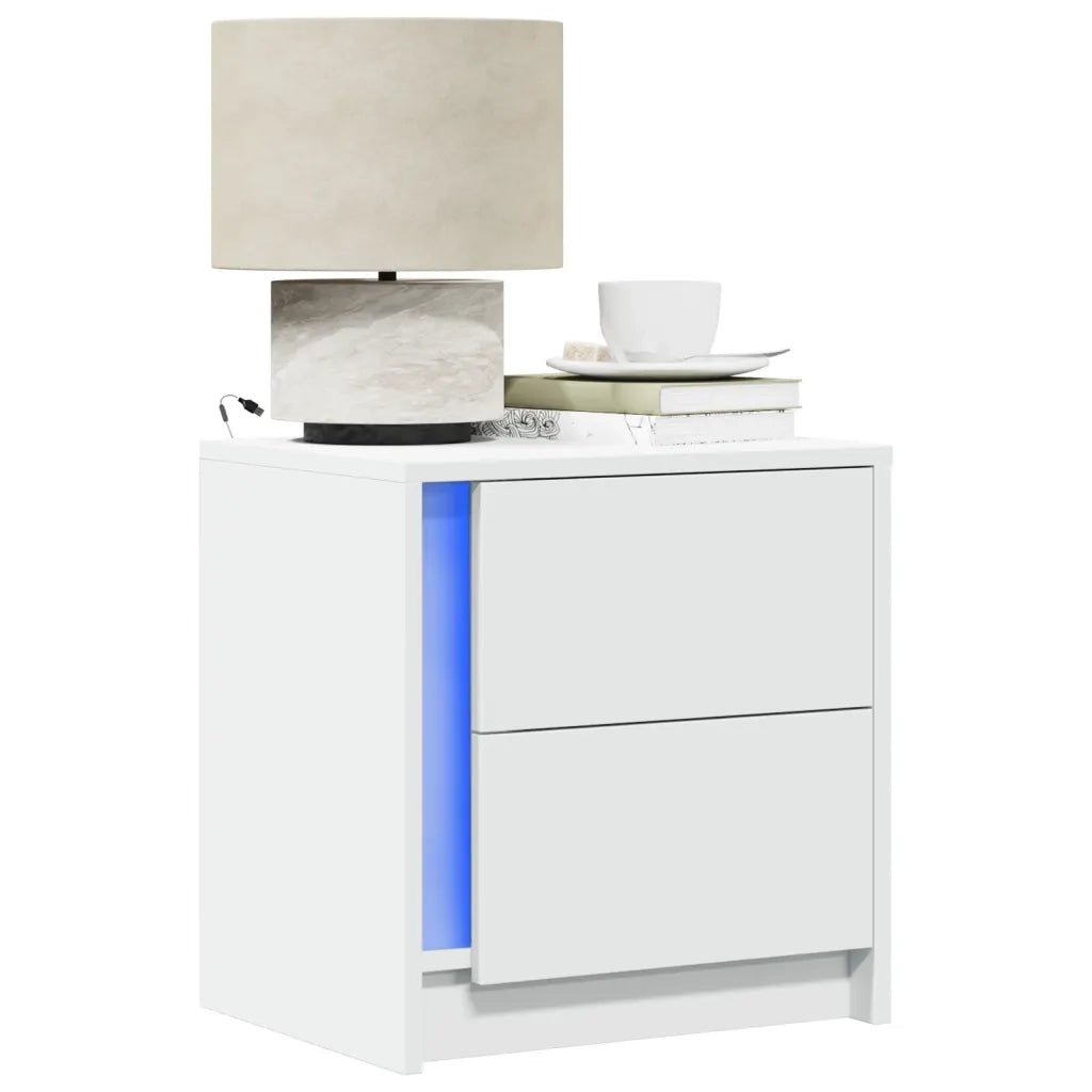 Set di 2 Comodini | Armadio da Notte | Mobiletto da notte con Luci LED Bianchi in Legno Multistrato