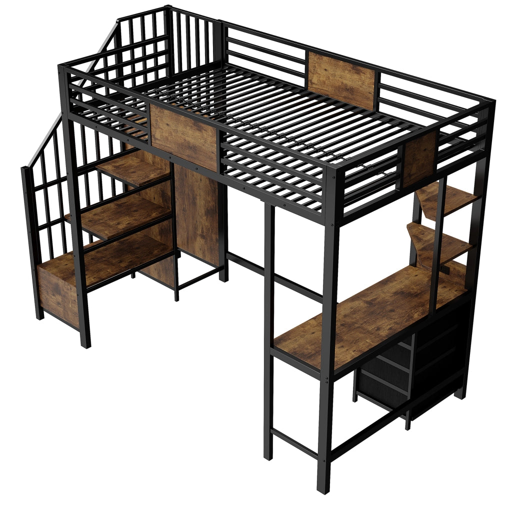 Letto a soppalco 90x200 cm in metallo nero con scrivania, ripiani, asta appendiabiti, LED e presa