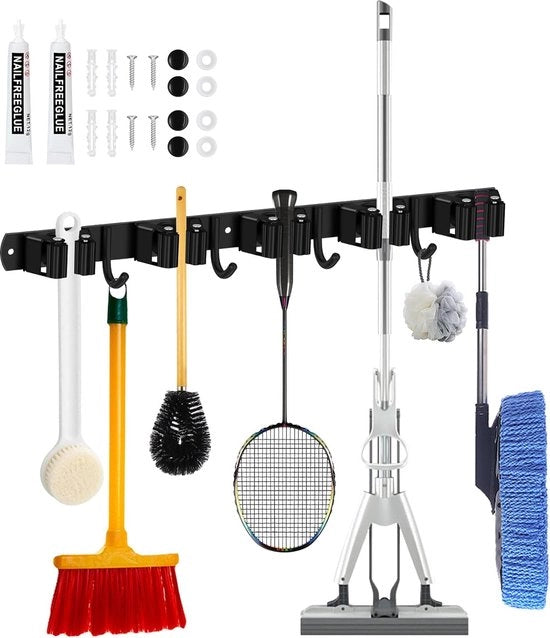 Houder per spazzola per parete, supporto per attrezzi, lista di ganci, houder per spazzola, supporto per attrezzi da giardino, supporto per attrezzi da giardino con 5 supporti e 4 ganci per uso domestico, cucina, garage, giardino (acciaio inossidabile)