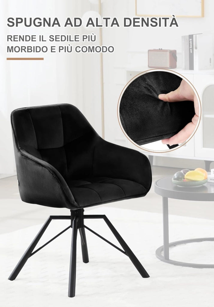 Set di 2 Sedie per Sala Pranzo Girevoli a 360°, Sedie da Cucina Imbottite con Gambe in Metallo, Poltroncine in Velluto, Camera da Letto, Soggiorno, Nero, BH365sz-2