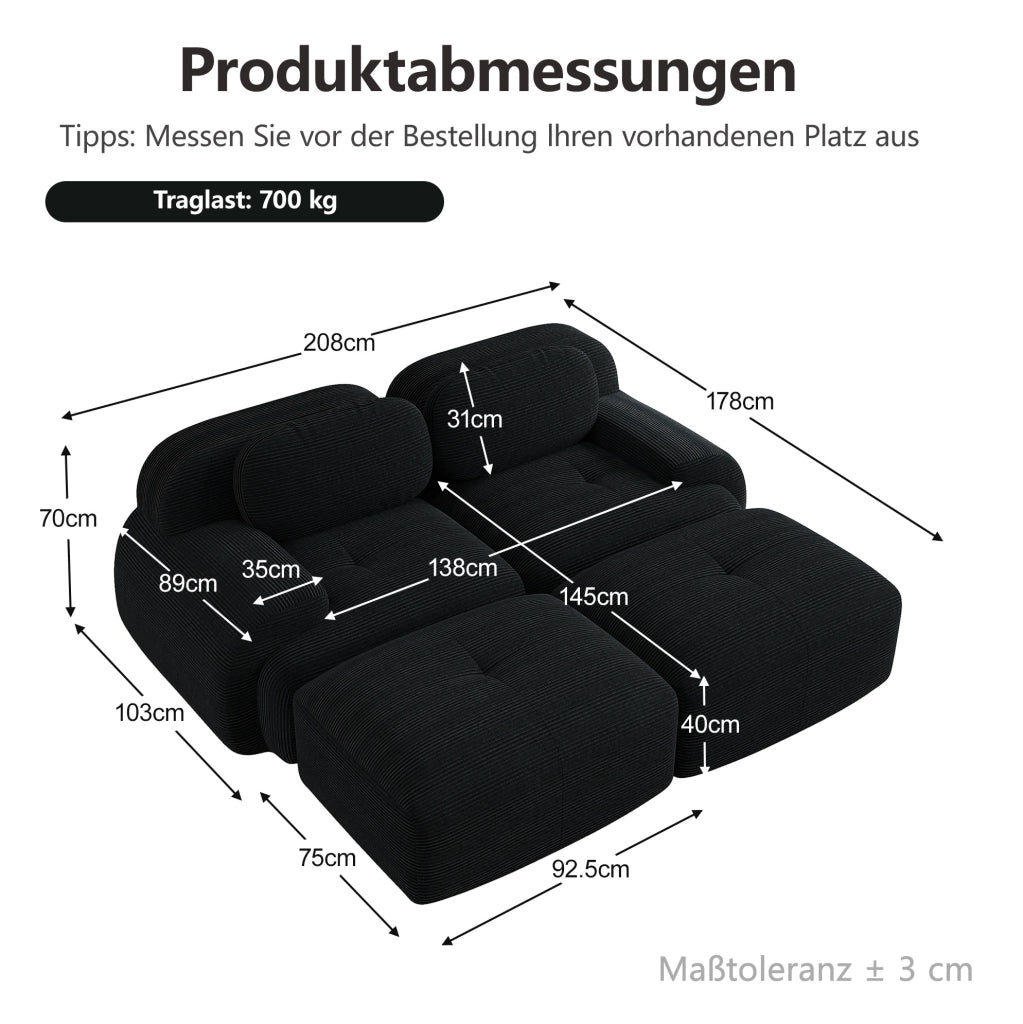 Divano angolare modulare in velluto a coste nero 208x178x70 cm senza struttura