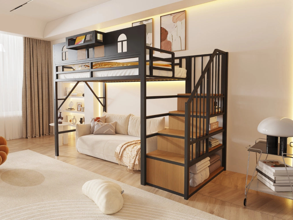 Letto a soppalco in metallo 90 x 200 cm con scala contenitore, mensola, illuminazione e struttura in MDF e metallo, nero