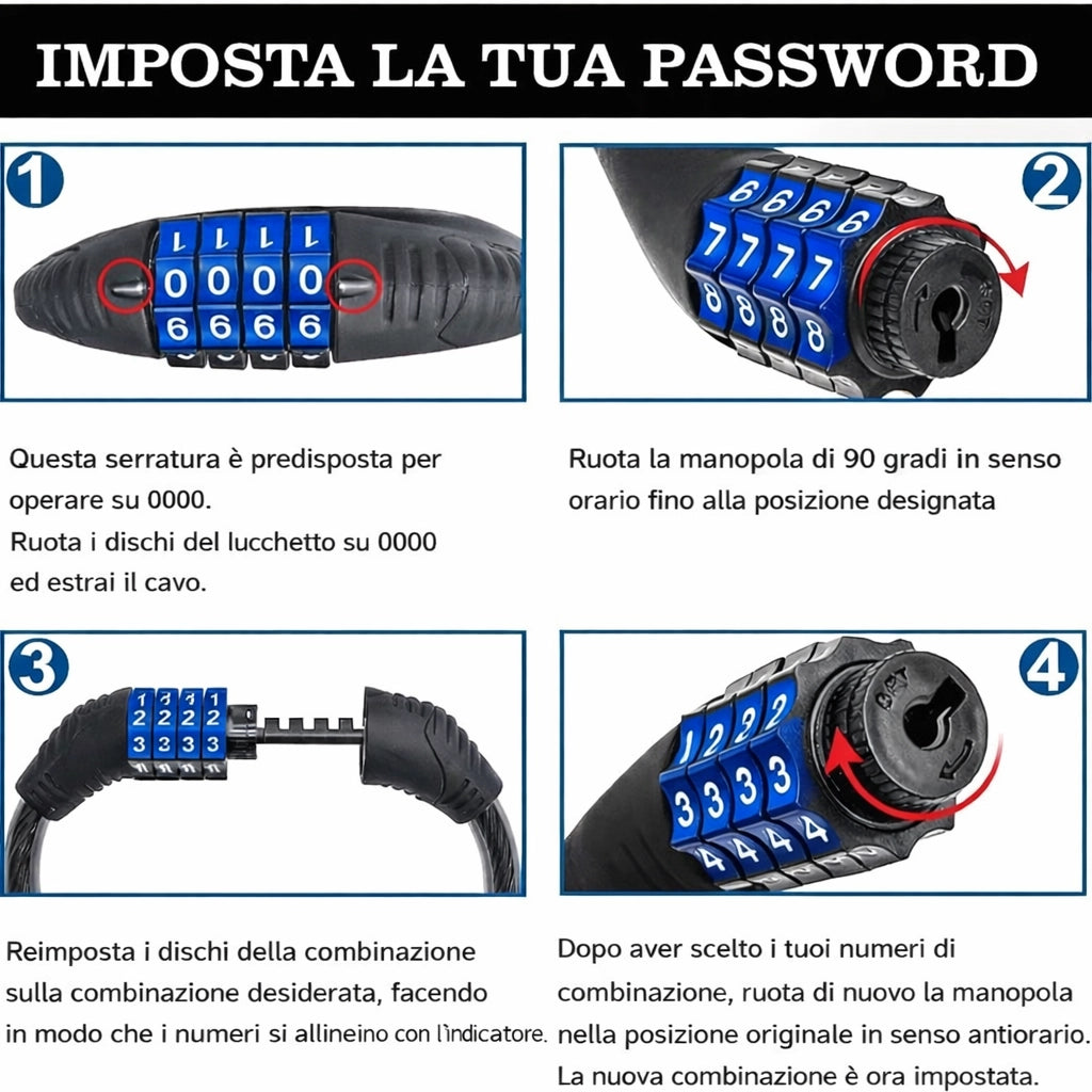 Lucchetto Bicicletta Cavo Acciaio 12x800 mm Combinazione Cambiabile | 65346