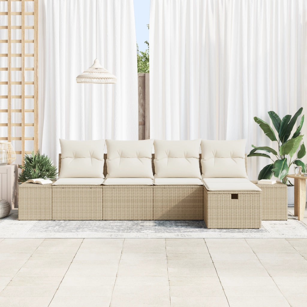 Set di Divani da Giardino a 5 Pezzi con Cuscini Beige in Polyrattan