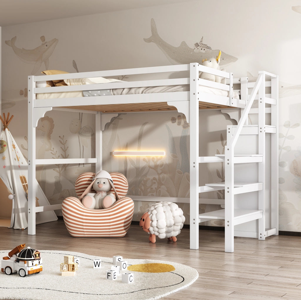 Letto a soppalco 140x200 cm con armadio e scala contenitore