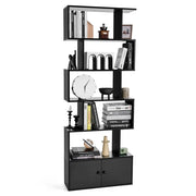 Libreria a forma di S a 5 livelli con ante, Scaffali decorativi in legno per il soggiorno l'ufficio Nero-Librerie