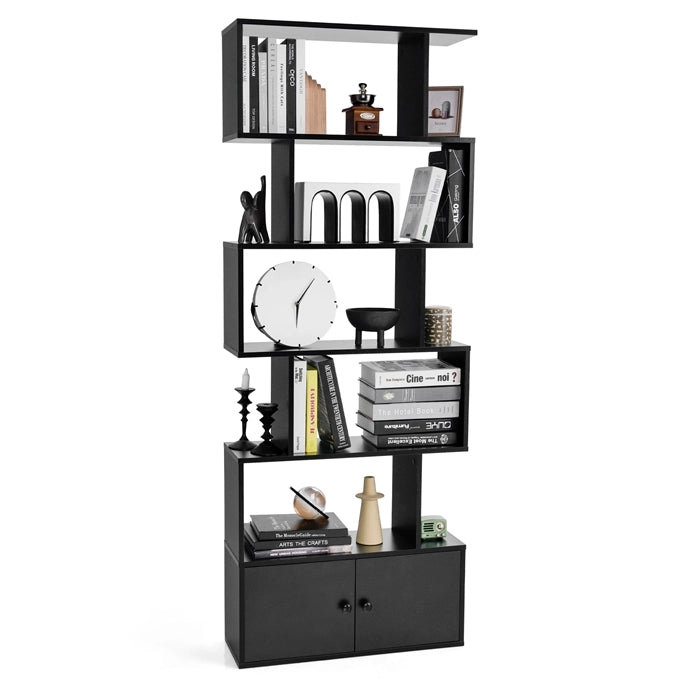 Libreria a forma di S a 5 livelli con ante, Scaffali decorativi in legno per il soggiorno l'ufficio Nero-Librerie