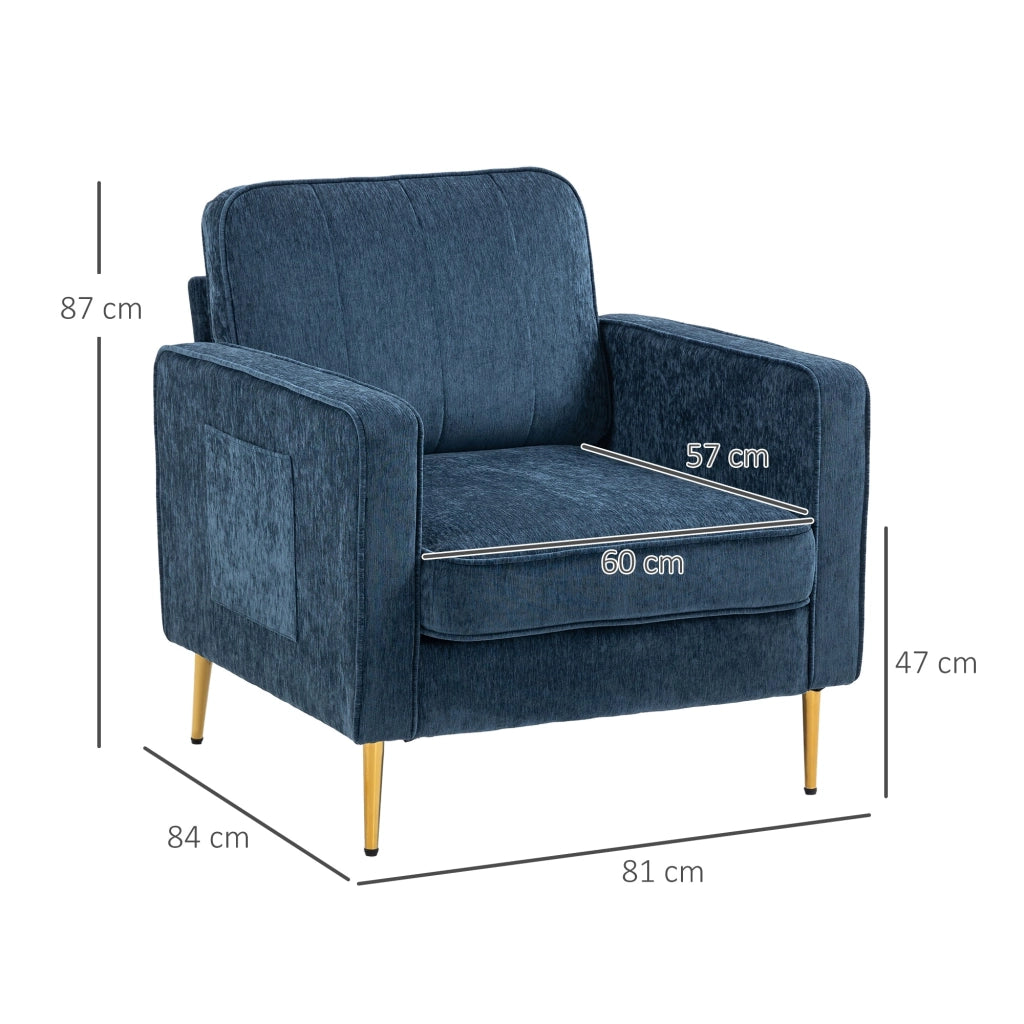 Poltrona da Salotto  con Gambe in Acciaio Dorate e Tasche Laterali 81x84x87 cm in Tessuto Blu