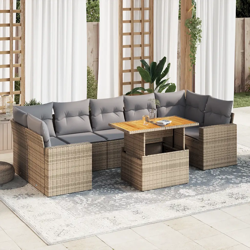 Set Divano da Giardino 8 pz con Cuscini Beige in Polyrattan