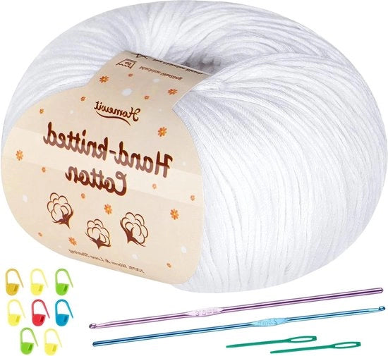 6 set di 50 g di Lana di Cotone Bianca per Maglia - Yarn per Bambini - Lana morbida e gentile - 2 uncini metallici (2,5-3,5 mm)