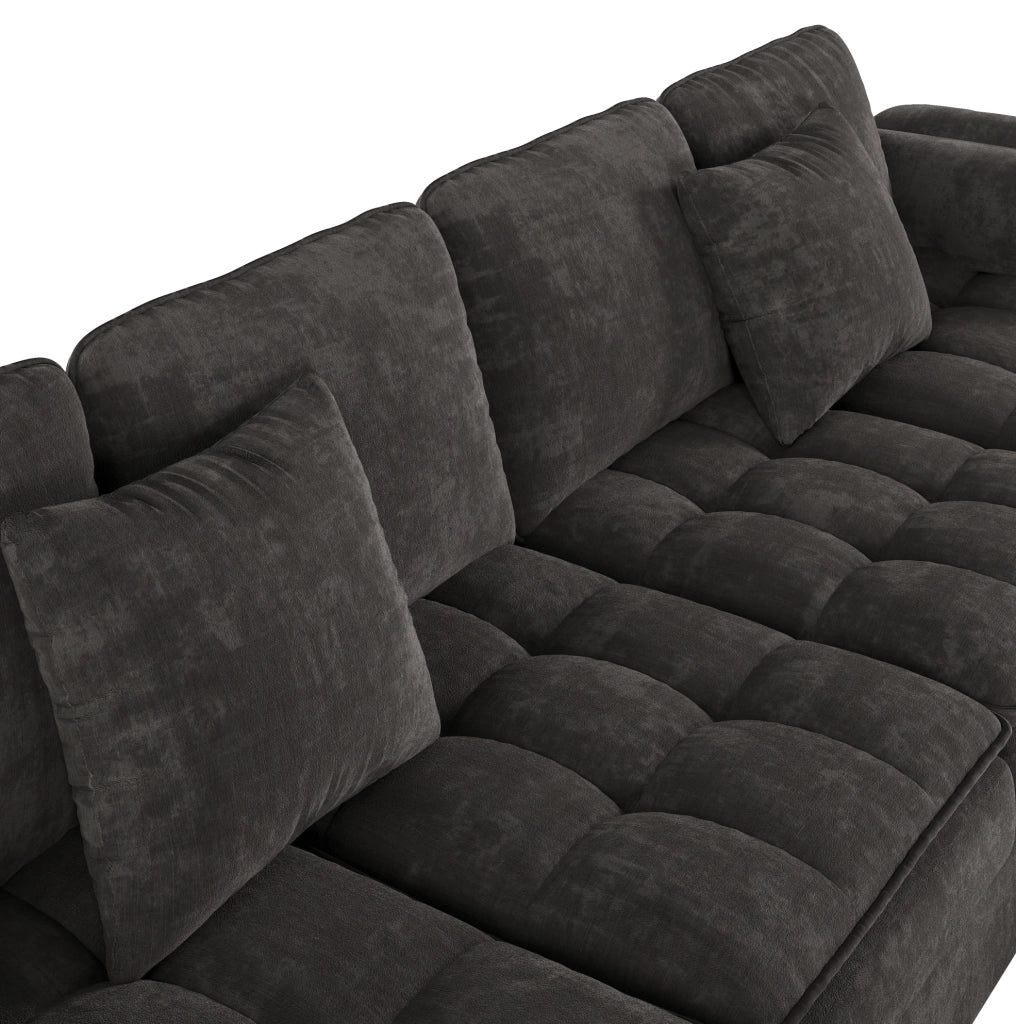 Divano angolare a U 262x134 cm grigio in ciniglia; 2 chaise longue e 2 cuscini