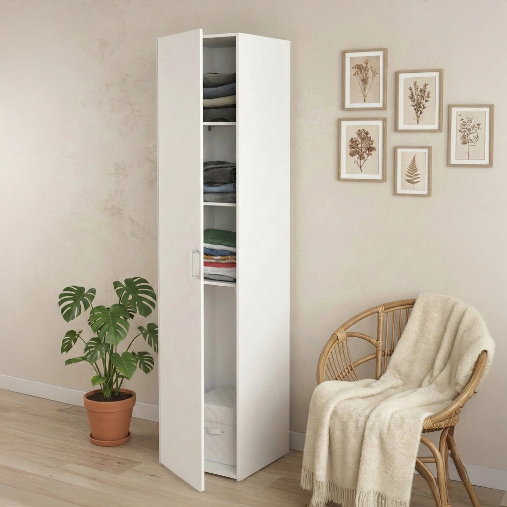 Armadio multiuso 1 anta Khutulun, Mobile multifunzionale, Mobiletto scarpiera, Guardaroba porta scarpe, 42x39 h175 cm, Bianco