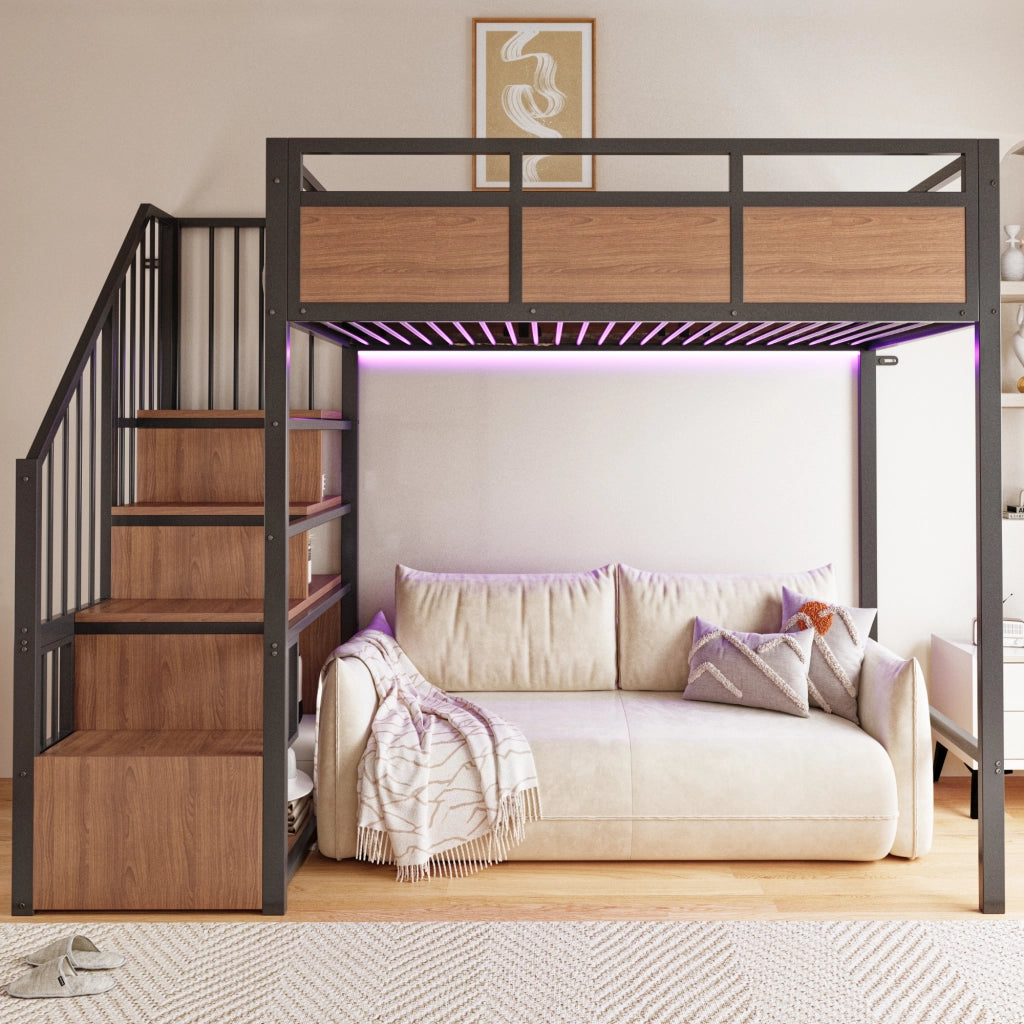 Letto a soppalco in metallo 90x200 cm con scala contenitore reversibile, LED e pannelli effetto legno, nero