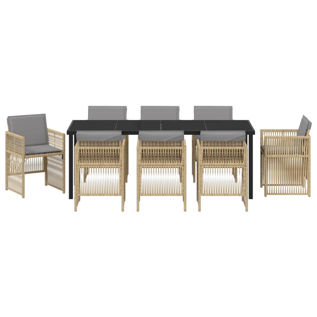 Set da Pranzo da Giardino  9 Pezzi con Cuscini Beige in Rattan Polietilene