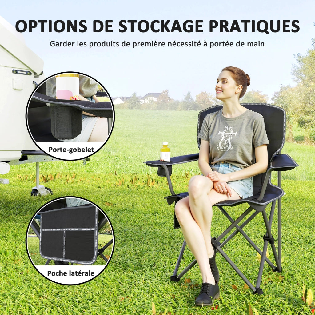 Sedia da campeggio pieghevole ¨C zephmum ¨C nero con porta bicchieri e tasche laterali