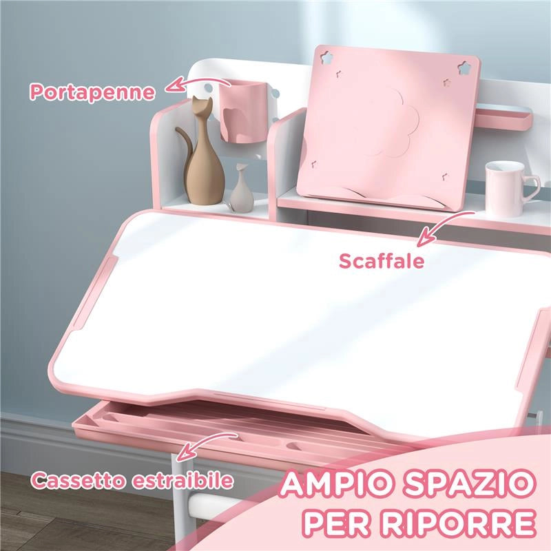 SET SCRIVANIA E SEDIA PER BAMBINI REGOLABILI BANCO SCUOLA CON PIANO INCLINABILE CASSETTO SCAFFALE ROSA