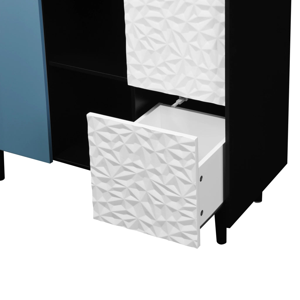 Credenza con 2 cassetti e vano aperto in MDF nero e blu per soggiorno e sala da pranzo 40 × 90 × 80 cm