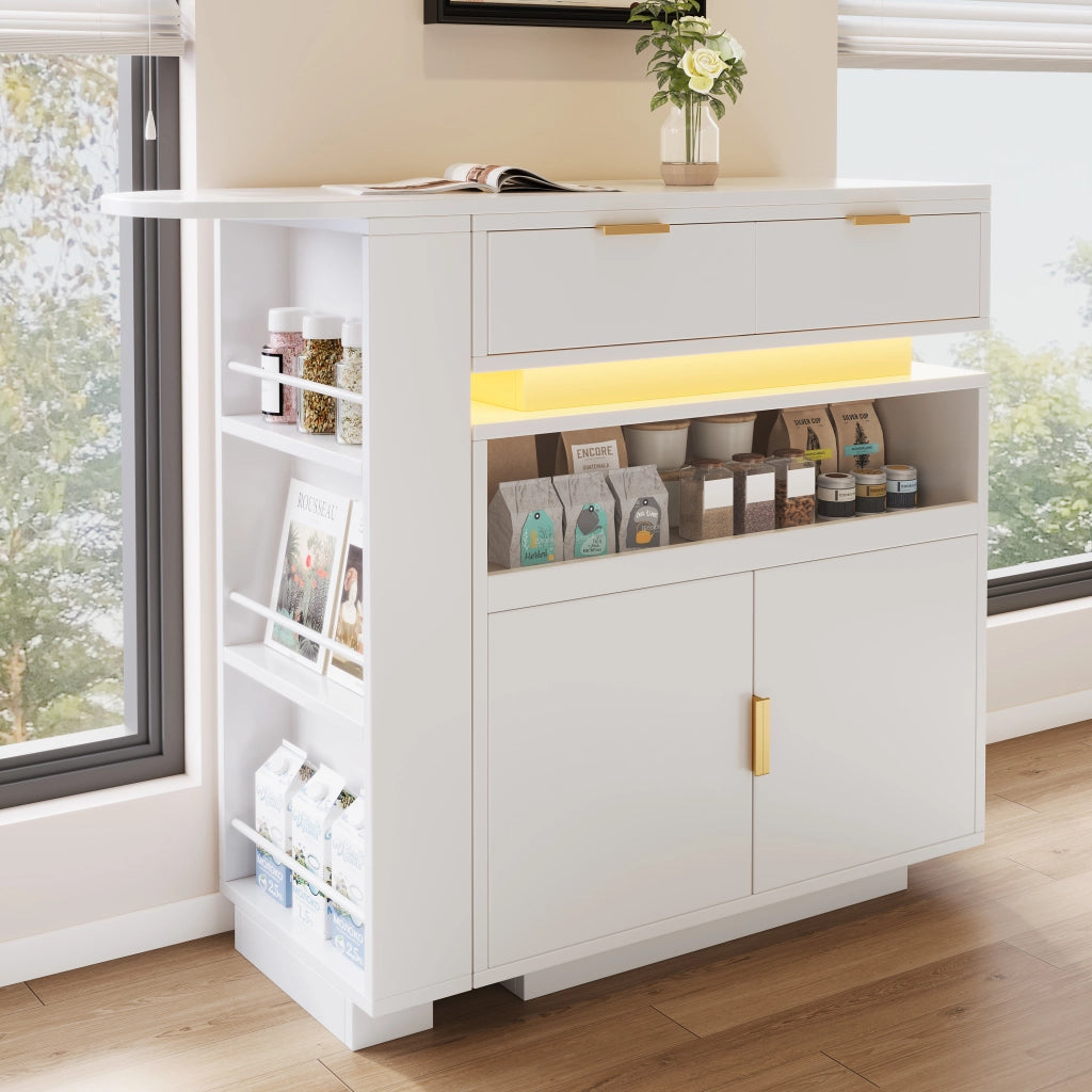Tavolo bar allungabile con vano contenitore, piano girevole e illuminazione LED, bianco