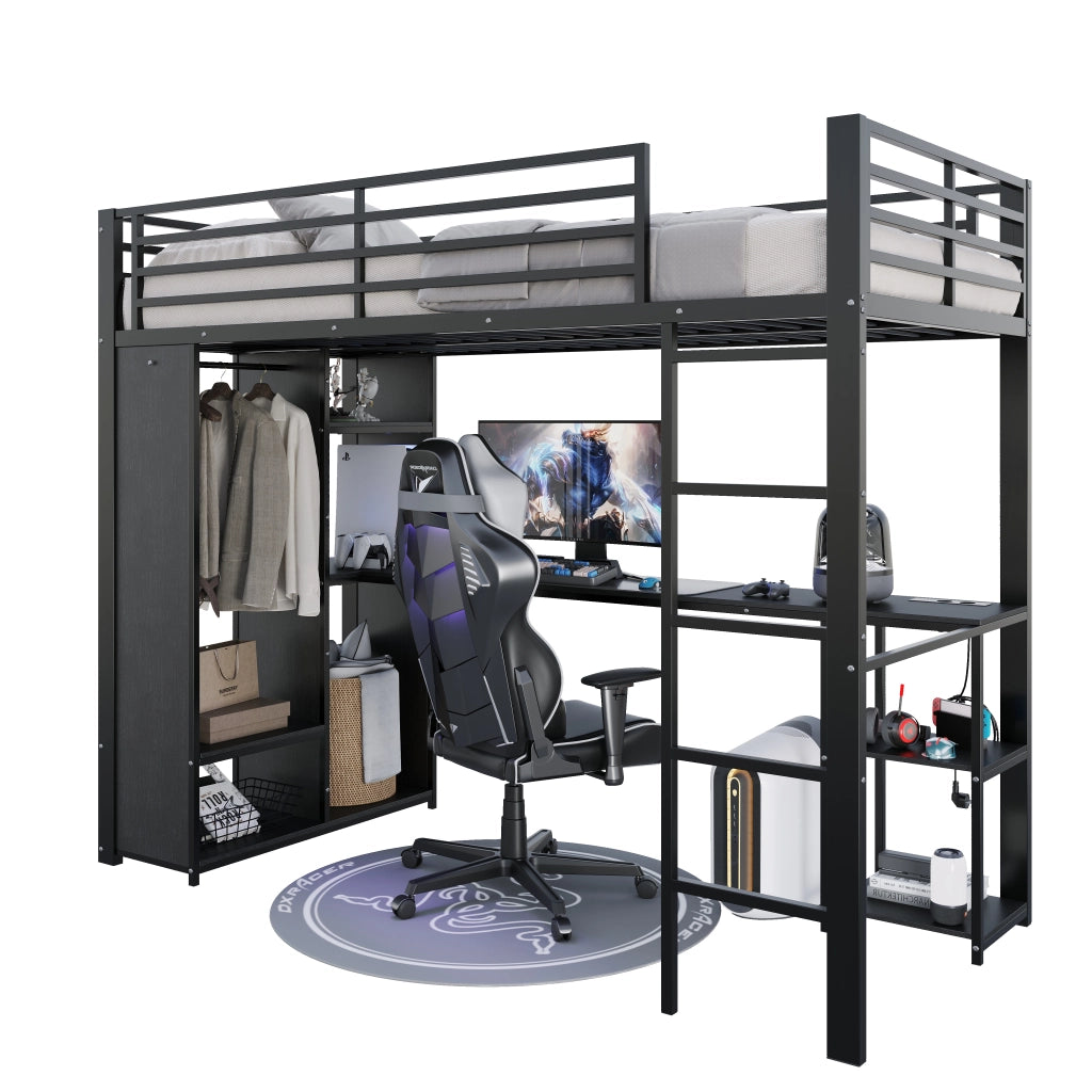 Letto a soppalco 90x200 cm con scrivania e armadio aperto in metallo e MDF nero