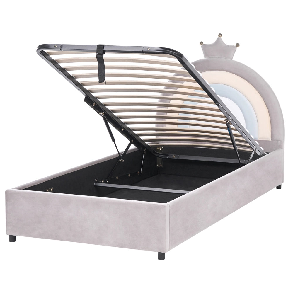 Letto singolo in velluto grigio imbottito con base a doghe e contenitore Blu 90 x 200 cm Cameretta Bambini Moderna Tradizionale