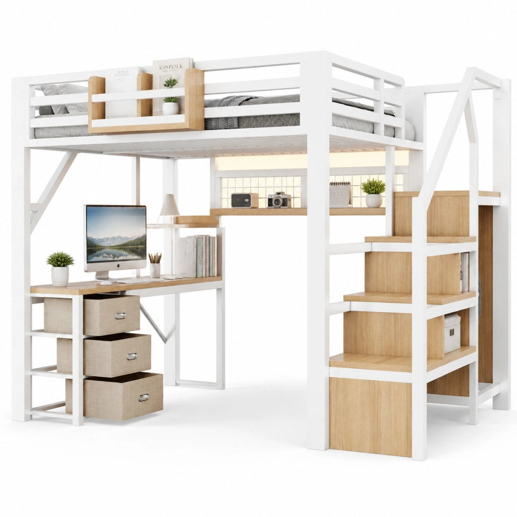 Letto a soppalco 140x200 cm con scrivania; armadio; LED e cassetti bianco