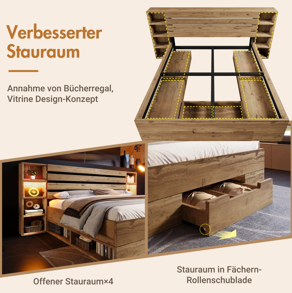 Letto matrimoniale 180x200 con testiera LED; USB e Type-C; cassetti e ripiani; rovere