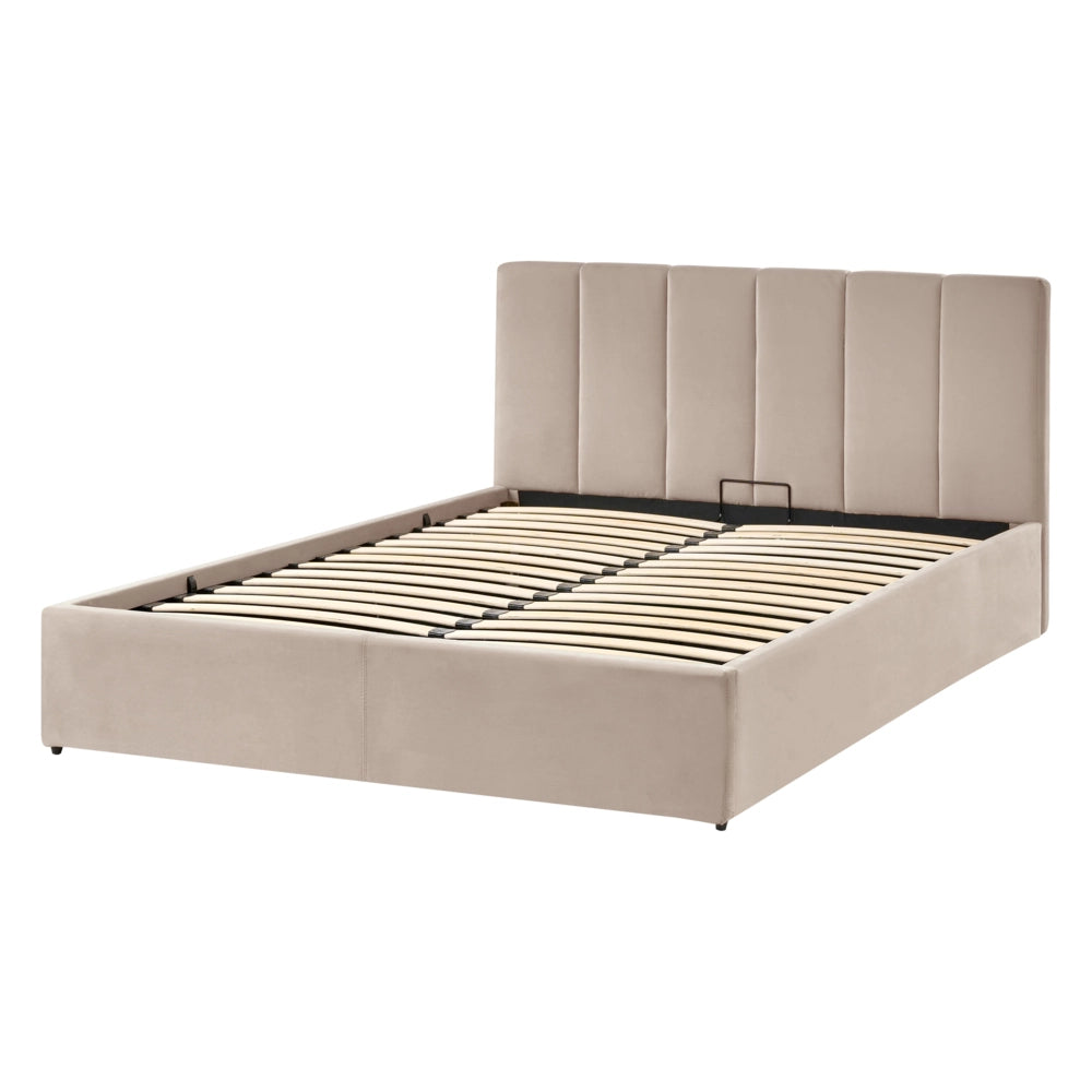 Letto matrimoniale contenitore Rivestimento in velluto beige 140 x 200 cm con testiera a doghe