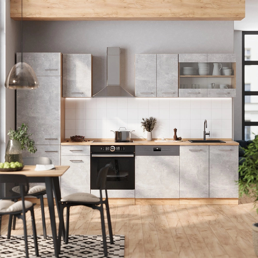 Cucina componibile R-Line Calcestruzzo/Rovere dorato 300 cm senza piano di lavoro Vicco