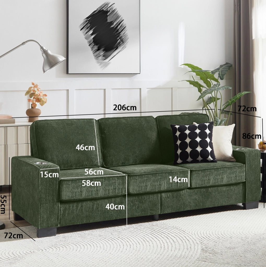 Divano 3 posti moderno in tessuto corduroy verde; 206 cm; con portabicchieri