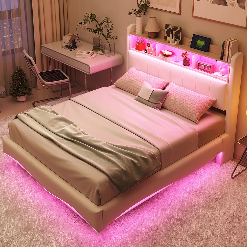 Letto sospeso-Xylo-140x200 cm-LED, USB-C, multifunzione, beige