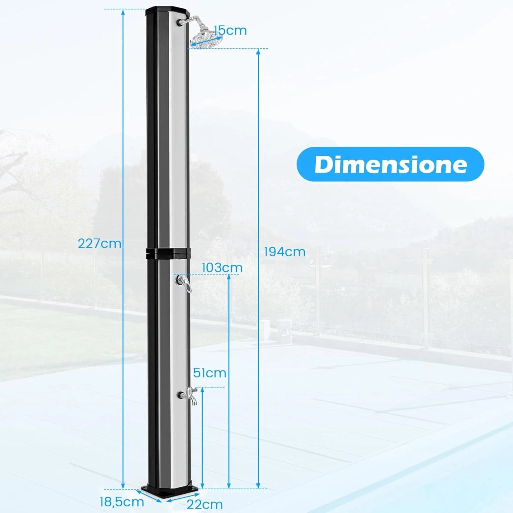 Doccia Solare da Esterno 60 L, Doccia da Giardino con Soffione 360°, Rubinetto per Piedi, Copertura Protettiva e Attacco per Tubo da Giardino, Fino a 60°C, per Piscina e Campeggio (Modello 2)