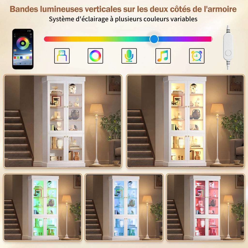 Armadio di stoccaggio con 2 sistemi antiribaltamento; illuminazione led; ripiani regolabili e ante in vetro per soggiorno; 80 × 40 × 180 cm