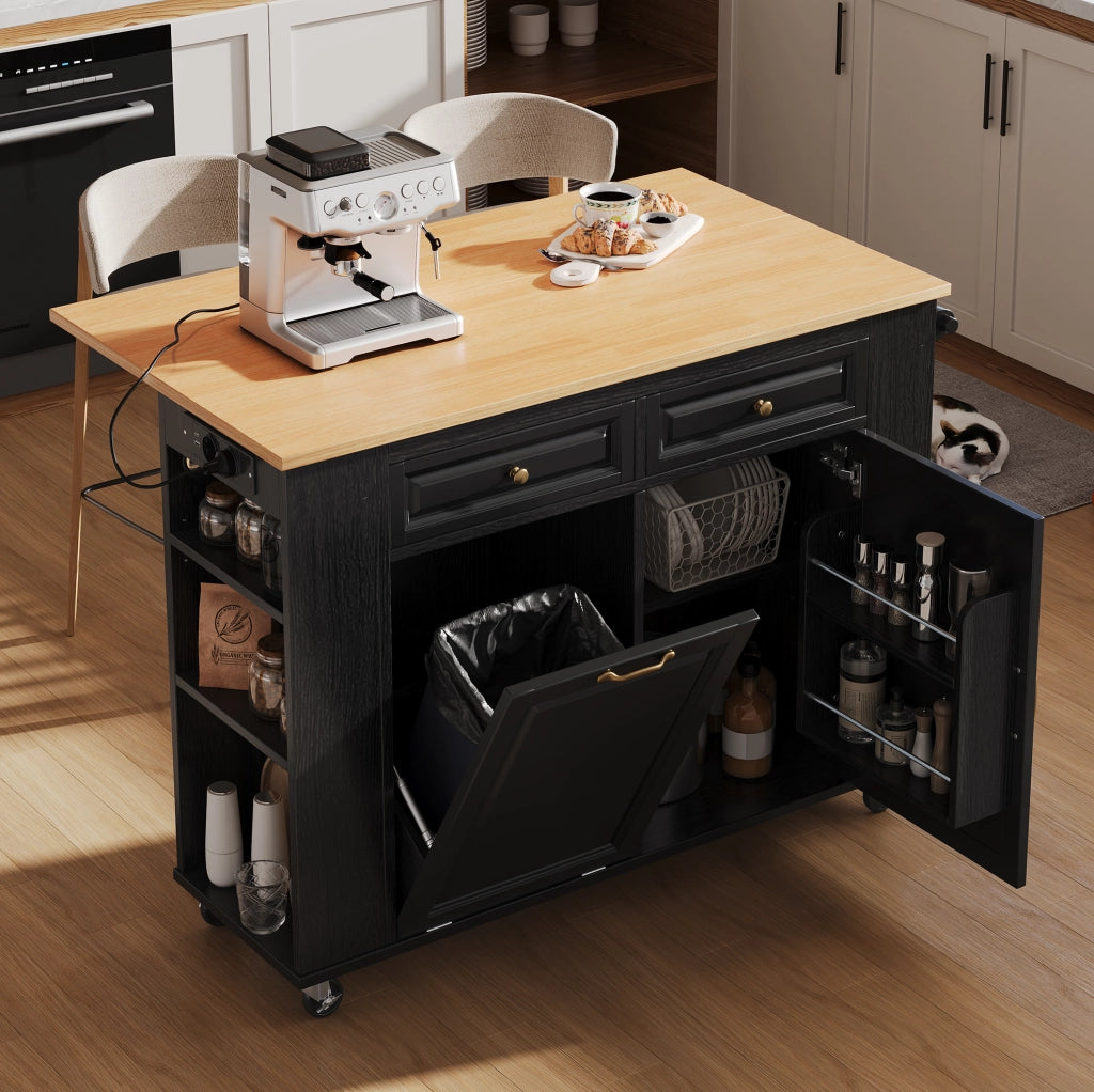 Isola da cucina 120x40-70x92 cm con piano ribaltabile e prese; in MDF e PB; nero naturale