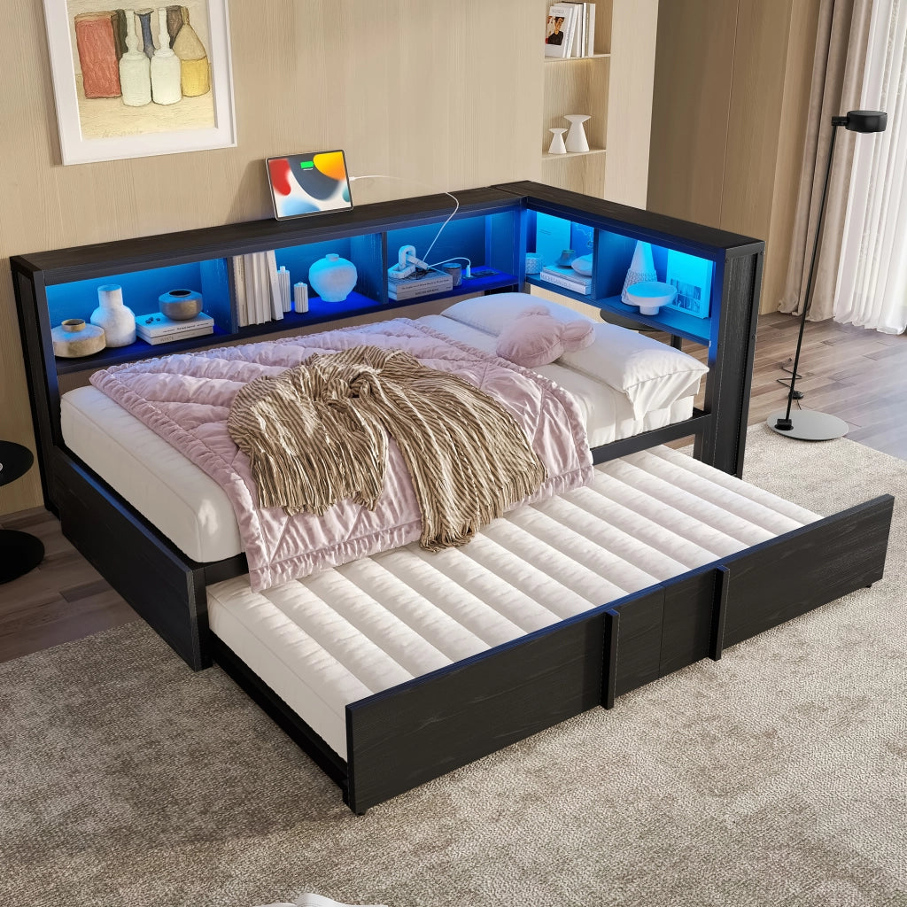 LETTO Con letto estraibile 90x200 cm Metallo e MDF Nero con vani contenitore