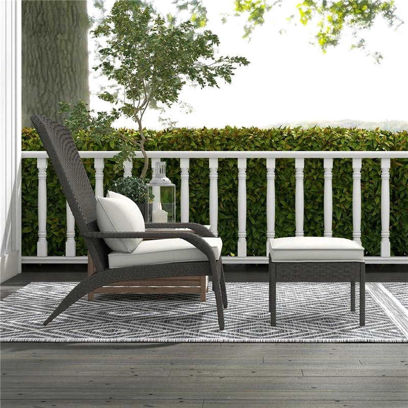 SEDIA DA GIARDINO CON POGGIAPIEDI E CUSCINI IMBOTTITI, IN RATTAN E ACCIAIO, 64X82X89 CM, GRIGIO E CREMA