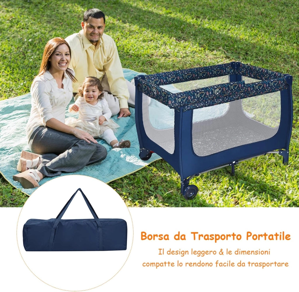 Lettino da Campeggio con Materasso, Lettino per Bambini Pieghevole, Culla da Viaggio Portatile con 2 Ruote, Per Bambini 0-36 Mesi, 125 x 65 x 76 cm (Blu)