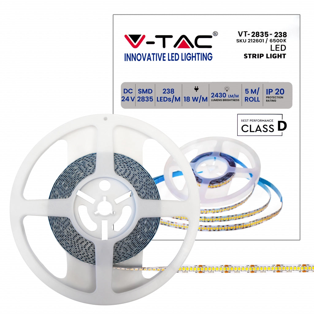 Striscia Strip LED 18W/m 5m 238 LED/m 135LM/W 24V 6500K IP20 10mm