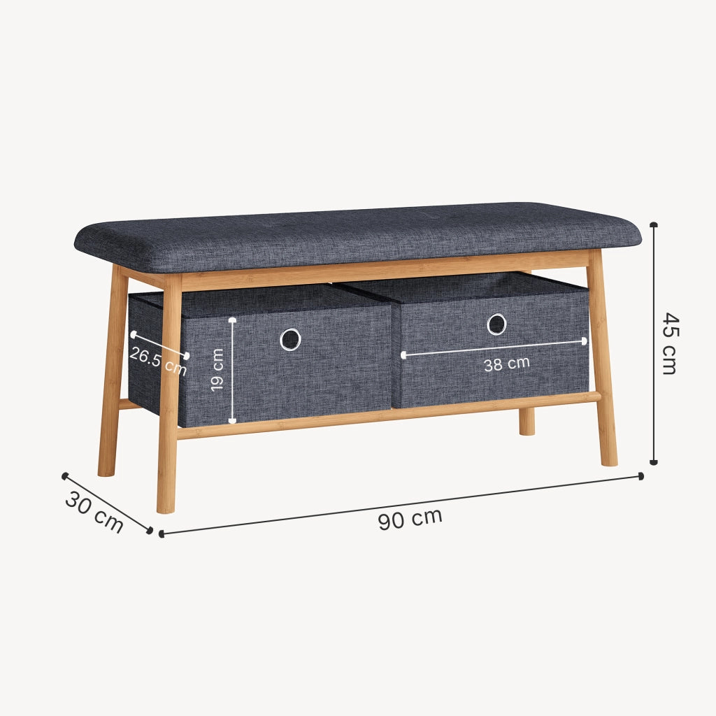 Panca da Scarpe Vad con Seduta Imbottita e 2 Contenitori in Tessuto 90 x 30 x 45 cm - Bambù Naturale / Grigio