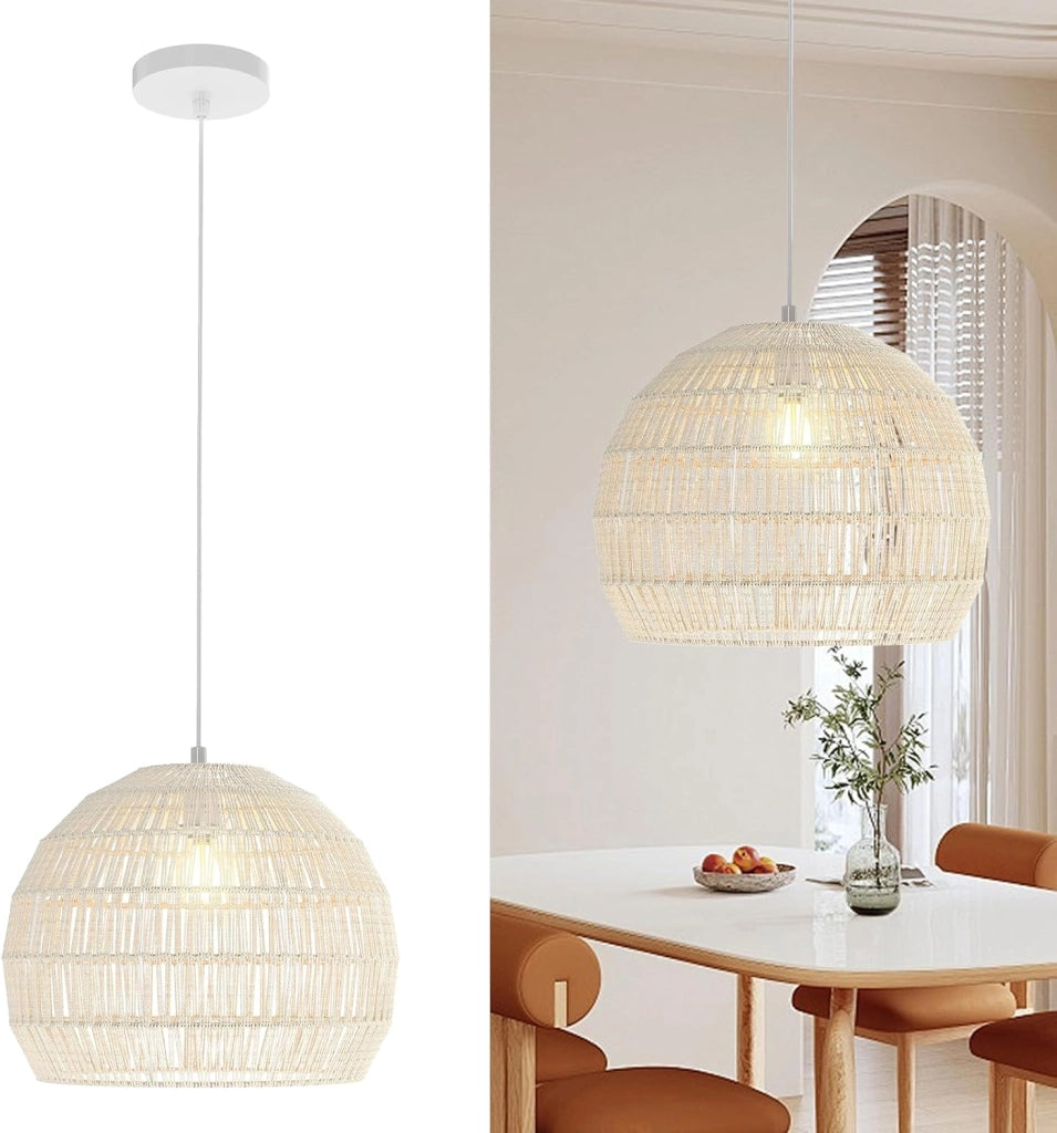 Lampada a Sospensione, Lampadario Moderno con Struttura in Metallo e Cupola in Carta, Luce con Altezza Regolabile per Cucina, Camera da Letto e Soggiorno, 43 x 43 x 34 cm (Beige)