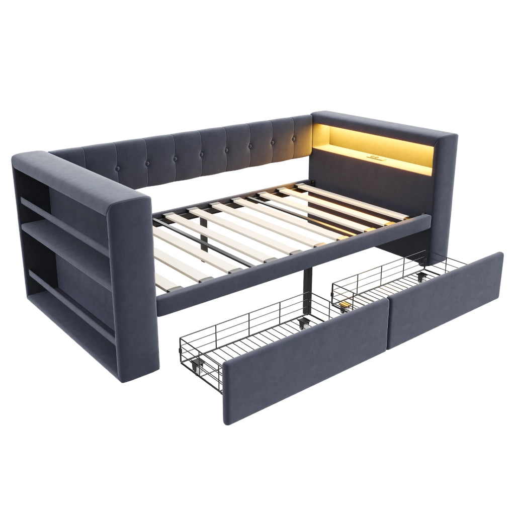 Letto singolo imbottito 90×190 cm con LED; prese e 2 cassetti; senza materasso; grigio scuro