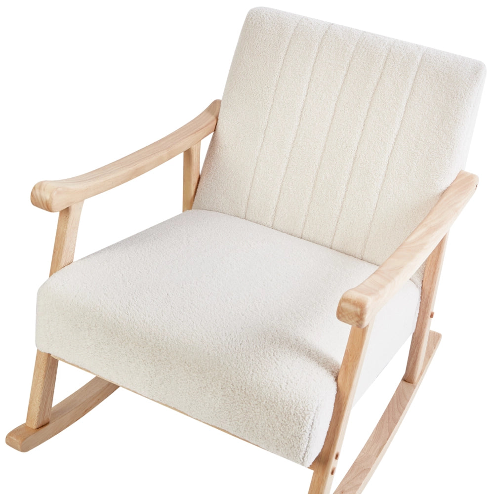 Poltrona a dondolo con rivestimento in bouclé bianco sporco gambe in legno di gomma e braccioli Soggiorno Cameretta